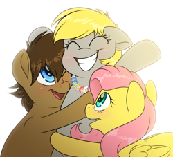 Size: 2200x2000 | Tagged: safe, artist:fluffyxai, derpy hooves, fluttershy, oc, oc:spirit wind, pegasus, pony, group hug, happy, hug, simple background, smiling, white background