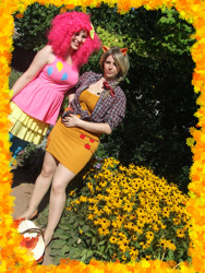 Size: 480x640 | Tagged: artist needed, safe, artist:yakko, applejack, pinkie pie, human, cosplay, flower, irl, irl human, outdoors, photo