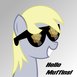 Size: 1001x1000 | Tagged: safe, artist:crimsonlynx97, derpy hooves, pegasus, pony, cute, derpabetes, female, food, glasses, gray background, mare, muffin, simple background, smiling, solo, sunglasses