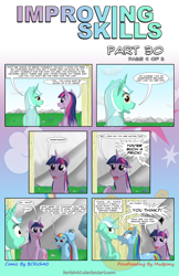 Size: 2480x3816 | Tagged: safe, artist:bcrich40, derpibooru import, lyra heartstrings, rainbow dash, twilight sparkle, unicorn twilight, pegasus, pony, unicorn, comic:improving skills, comic, dialogue, female, floppy ears, improving skills, mare, wet mane