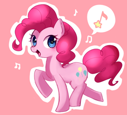 Size: 700x636 | Tagged: safe, artist:weiliy, pinkie pie, earth pony, pony, cute, diapinkes, female, mare, music notes, open mouth, pink background, pixiv, simple background, smiling pinkie pie tolts left, solo