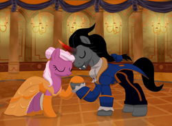 Size: 1600x1172 | Tagged: safe, artist:evil-dec0y, derpibooru import, cheerilee, king sombra, earth pony, pony, unicorn, alternate hairstyle, ballroom, beauty and the beast, clothes, crack shipping, dress, eyes closed, female, male, mare, parody, shipping, smiling, sombralee, stallion, straight, suit