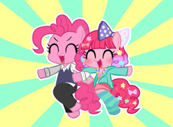 Size: 1023x748 | Tagged: safe, artist:momo, pinkie pie, earth pony, pony, alternate hairstyle, bow, clothes, cute, diapinkes, duality, eyes closed, famihara, hair bow, open mouth, shirt, socks, vest