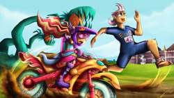 Size: 2560x1440 | Tagged: safe, artist:jamescorck, sunset shimmer, oc, oc:silver quill, equestria girls, friendship games, 42, after the fact, canterlot high, carnivore plant, commission, helmet, motorcross, motorcross outfit, motorcycle, motorcycle helmet, running, title card