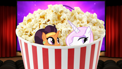 Size: 1366x768 | Tagged: safe, derpibooru import, fleur-de-lis, saffron masala, my little pony: the movie, cinema, food, manip, popcorn, tiny ponies