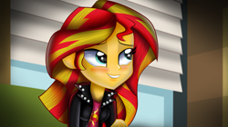 Size: 1929x1080 | Tagged: safe, artist:n0kkun, sunset shimmer, equestria girls, clothes, female, jacket, leather jacket, solo