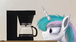 Size: 1200x665 | Tagged: safe, artist:iamnotunicorn, princess celestia, alicorn, pony, coffee, food, messy mane, morning ponies, solo, style emulation