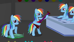 Size: 1920x1080 | Tagged: safe, artist:setup1337, derpibooru import, rainbow dash, pegasus, pony, guitar, multeity, notes from magic, sad