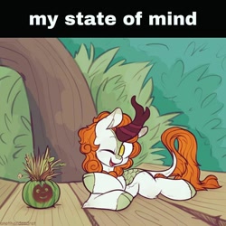 Size: 640x640 | Tagged: safe, artist:anotherdeadrat, edit, autumn blaze, kirin, awwtumn blaze, cute, looking at something, lying down, my state of mind, one eye closed, solo, wink