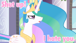 Size: 960x540 | Tagged: safe, screencap, princess celestia, alicorn, pony, the return of harmony, image macro, meme, pink text, solo, tsundelestia, tsundere