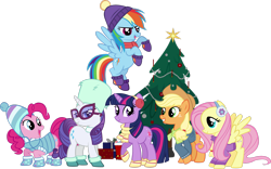 Size: 3095x1937 | Tagged: safe, artist:ironm17, derpibooru import, applejack, fluttershy, pinkie pie, rainbow dash, rarity, twilight sparkle, unicorn twilight, earth pony, pegasus, pony, unicorn, best gift ever, beanie, bedroom eyes, christmas, christmas tree, clothes, earmuffs, glasses, grin, happy, hat, holiday, jacket, looking at you, scarf, short-sleeved jacket, simple background, smiling, sweater, transparent background, tree, vector, winter outfit