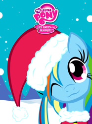 Size: 745x1000 | Tagged: safe, artist:chronicle23, artist:leadhooves, derpibooru import, rainbow dash, pegasus, pony, :3, christmas, christmas ponies, french, hat, holiday, my little pony logo, one eye closed, santa hat, snow, solo, stolen art, wink