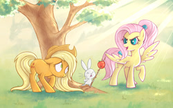 Size: 1280x800 | Tagged: safe, artist:stasysolitude, angel bunny, applejack, fluttershy, earth pony, pegasus, pony, alternate hairstyle, loose hair, personality swap