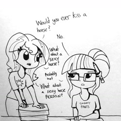 Size: 1264x1270 | Tagged: safe, artist:tjpones, sci-twi, sunset shimmer, twilight sparkle, equestria girls, black and white, dialogue, female, flirting, glasses, grayscale, implied lesbian, implied scitwishimmer, implied shipping, lineart, monochrome, pencil, pencil behind ear, simple background, subtle as a train wreck, traditional art