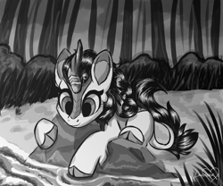 Size: 6000x5000 | Tagged: safe, artist:lavenderheartsmlp, autumn blaze, kirin, absurd resolution, female, forest, mare, monochrome, rock, signature, smiling, solo, water