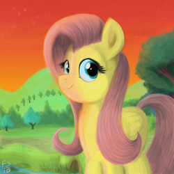 Size: 1754x1754 | Tagged: safe, artist:fladdrarblyg, fluttershy, pegasus, pony, folded wings, looking at you, smiling, solo, sunrise