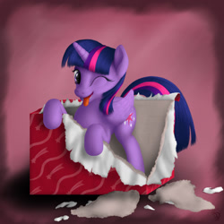 Size: 1200x1200 | Tagged: safe, artist:bluespaceling, derpibooru import, twilight sparkle, twilight sparkle (alicorn), alicorn, pony, behaving like a cat, box, cardboard box, female, mare, pony in a box, solo, tongue out, wink