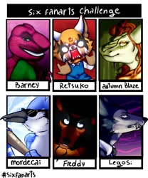 Size: 720x864 | Tagged: safe, artist:creatturesz, autumn blaze, anthro, bird, dinosaur, kirin, red panda, wolf, aggretsuko, angry, animatronic, anthro with ponies, barney, beastars, bust, crossover, devil horn (gesture), female, five nights at freddy's, freddy fazbear, legosi (beastars), male, mordecai, open mouth, regular show, retsuko, sanrio, six fanarts, smiling, sunglasses, white eyes