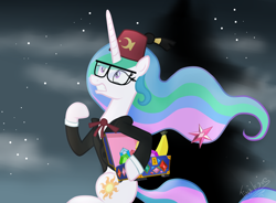 Size: 1900x1400 | Tagged: safe, artist:tina-de-love, princess celestia, alicorn, pony, banana, bipedal, chest, clothes, crossover, elements of harmony, female, fez, food, glasses, gravity falls, grunkle stan, hat, mare, night, parody, running, solo, stan pines