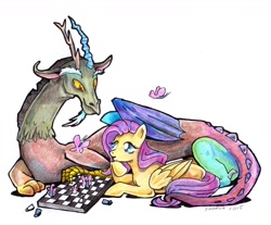 Size: 1280x1061 | Tagged: safe, artist:zvynuota, discord, fluttershy, butterfly, pegasus, pony, chess, prone, simple background, traditional art