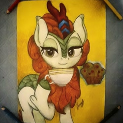 Size: 1080x1080 | Tagged: safe, alternate version, artist:vikilina_draw, autumn blaze, kirin, bedroom eyes, cloven hooves, colored, cup, female, food, hoof hold, horn, irl, magic, muffin, photo, signature, smiling, solo, telekinesis, traditional art