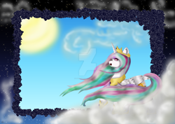 Size: 1600x1131 | Tagged: safe, artist:panhaukatze, princess celestia, alicorn, pony, female, horn, mare, multicolored mane, solo, watermark, white coat