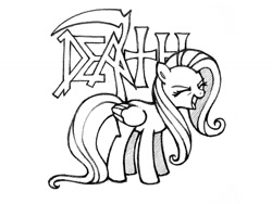 Size: 900x675 | Tagged: safe, artist:vombavr, fluttershy, pegasus, pony, black and white, death (band), eyes closed, grayscale, logo, monochrome, solo, yay