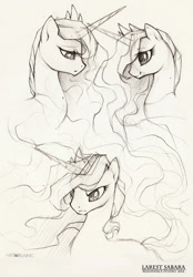 Size: 877x1260 | Tagged: safe, artist:larest, princess celestia, princess luna, alicorn, pony, pencil drawing, sketch, solo, traditional art