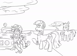 Size: 1868x1359 | Tagged: safe, artist:rainihorn, fluttershy, zecora, oc, pegasus, pony, zebra, car, lineart, monochrome, tree