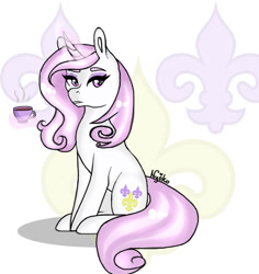 Size: 960x1015 | Tagged: safe, artist:nyokoart, derpibooru import, fleur-de-lis, pony, unicorn, cup, cutie mark background, female, food, levitation, magic, mare, sideways glance, solo, tea, teacup, telekinesis