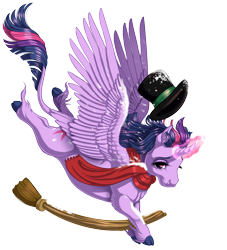 Size: 1506x1655 | Tagged: safe, artist:kittehkatbar, derpibooru import, twilight sparkle, twilight sparkle (alicorn), alicorn, classical unicorn, pony, broom, clothes, hat, leonine tail, lidded eyes, looking at you, magic, scarf, simple background, smiling, snow, snowfall, solo, spread wings, top hat, transparent background, unshorn fetlocks