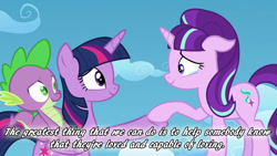 Size: 1280x720 | Tagged: safe, artist:mylittlenanaki, edit, edited screencap, screencap, spike, starlight glimmer, twilight sparkle, twilight sparkle (alicorn), alicorn, dragon, pony, the cutie re-mark, crying, dragons riding ponies, happy, holding hooves, inspirational, looking at each other, mister rogers, positive ponies, riding, smiling, tears of joy