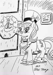 Size: 2642x3706 | Tagged: safe, artist:debmervin, snowfall frost, starlight glimmer, pony, christmas wreath, monochrome, solo, traditional art, wreath