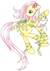 Size: 2298x3255 | Tagged: safe, artist:malwinahalfmoon, fluttershy, pegasus, pony, flower in hair, looking back, ribbon, solo, traditional art