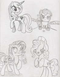 Size: 1275x1621 | Tagged: safe, artist:midwestbrony, derpibooru import, fleur-de-lis, pinkie pie, rarity, oc, oc:wheely bopper, earth pony, original species, pony, unicorn, alcohol, glowing horn, magic, monochrome, telekinesis, traditional art