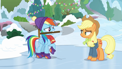 Size: 1280x720 | Tagged: safe, derpibooru import, screencap, applejack, rainbow dash, earth pony, pegasus, pony, triple pony dare ya, amused, clothes, confident, ice, lidded eyes, mittens, raised eyebrow, raised hoof, scarf, shovel, smiling, smirk