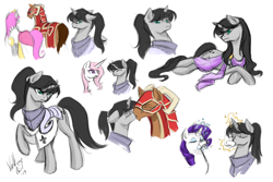 Size: 1600x1067 | Tagged: safe, artist:lionel23, artist:valkyrie-girl, derpibooru import, fleur-de-lis, rarity, oc, oc:damsel constsancia, oc:roan of arc, oc:warlord coltrane, earth pony, pony, unicorn, armor, collage, food, helmet, horned helmet, kissing, ponytail, simple background, tea, white background