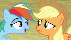 Size: 1280x720 | Tagged: safe, derpibooru import, screencap, applejack, rainbow dash, earth pony, pegasus, pony, triple pony dare ya, applejack's hat, cowboy hat, cutie mark, duo, female, frown, hat, leaning forward, mare, rivalry, stetson