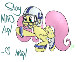 Size: 1500x1217 | Tagged: safe, artist:wuzzlefluff, fluttershy, pegasus, pony, /mlp/, /sp/, american football, football helmet, grin, heart, helmet, indianapolis colts, nfl, smiling, squee, super bowl, super bowl xlix, that was fast