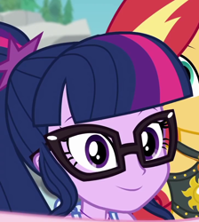 Size: 728x813 | Tagged: safe, screencap, sci-twi, sunset shimmer, twilight sparkle, better together, equestria girls, unsolved selfie mysteries, cropped, cute, female, glasses, ponytail, selfie, smiling, thousand yard stare, twiabetes