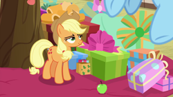 Size: 1280x720 | Tagged: safe, derpibooru import, screencap, applejack, rainbow dash, earth pony, pegasus, pony, triple pony dare ya, apple, food