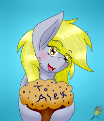 Size: 2153x2500 | Tagged: safe, artist:midnightfire1222, derpy hooves, pegasus, pony, blushing, commission, cute, food, muffin, simple background, smiling, solo