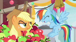 Size: 1280x720 | Tagged: safe, derpibooru import, screencap, applejack, rainbow dash, earth pony, pegasus, pony, triple pony dare ya, angry, apple, applejack is not amused, applejack's hat, cowboy hat, duo, eyes closed, female, flying, food, freckles, glare, hat, humiliation, laughing, mare, rivalry, spread wings, stetson, unamused, wings