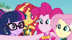 Size: 1920x1080 | Tagged: safe, screencap, fluttershy, pinkie pie, sci-twi, sunset shimmer, twilight sparkle, better together, equestria girls, unsolved selfie mysteries, clothes, cute, daaaaaaaaaaaw, diapinkes, female, geode of empathy, geode of sugar bombs, glasses, magical geodes, ponytail, selfie, shimmerbetes, shyabetes, sleeveless, smiling, sports bra, sweet dreams fuel, swimsuit, thousand yard stare, twiabetes, wetsuit