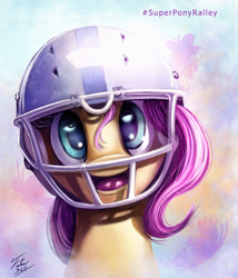 Size: 900x1050 | Tagged: safe, artist:tsitra360, fluttershy, pegasus, pony, american football, bust, cute, female, football helmet, helmet, indianapolis colts, looking at you, mare, nfl, open mouth, portrait, shyabetes, smiling, solo, super bowl, super bowl xlix, that was fast