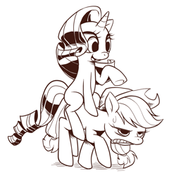 Size: 791x823 | Tagged: safe, artist:k-nattoh, applejack, rarity, earth pony, pony, unicorn, monochrome, ponies riding ponies, riding