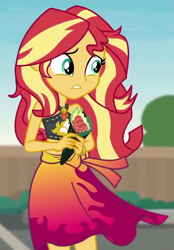 Size: 611x880 | Tagged: safe, screencap, sunset shimmer, better together, equestria girls, x marks the spot, clothes, cropped, food, sleeveless, solo, sushi, swimsuit