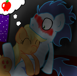 Size: 879x873 | Tagged: safe, artist:mmdfantage, applejack, soarin', earth pony, pony, apple, blushing, female, male, shipping, soarinjack, straight, thought bubble