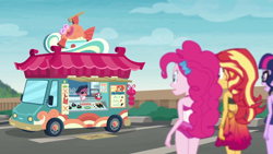 Size: 1920x1080 | Tagged: safe, screencap, carrot bun, pinkie pie, sci-twi, sunset shimmer, twilight sparkle, fish, better together, equestria girls, x marks the spot, beach, clothes, daruma, food, pirate, sleeveless, sushi, swimsuit, truck