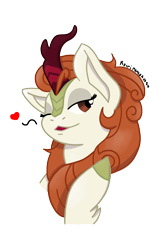 Size: 1200x1800 | Tagged: safe, artist:kairipancakes, autumn blaze, kirin, bust, heart, one eye closed, sexy, simple background, solo, transparent background, wink